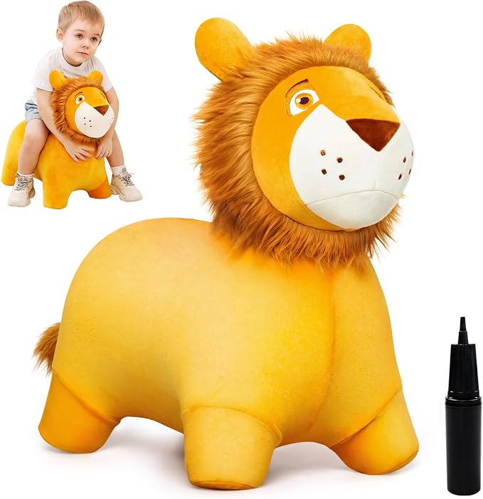 ZOOJOY Bouncy Animal Kids Lion Hopper Toys, Plush Animal Bouncy Toys for Toddlers, Indoor Outdoor Activity Ride Jumping Horse Gifts for 18 Months 2 3 4 Year Old Boys Girls (W/Pump