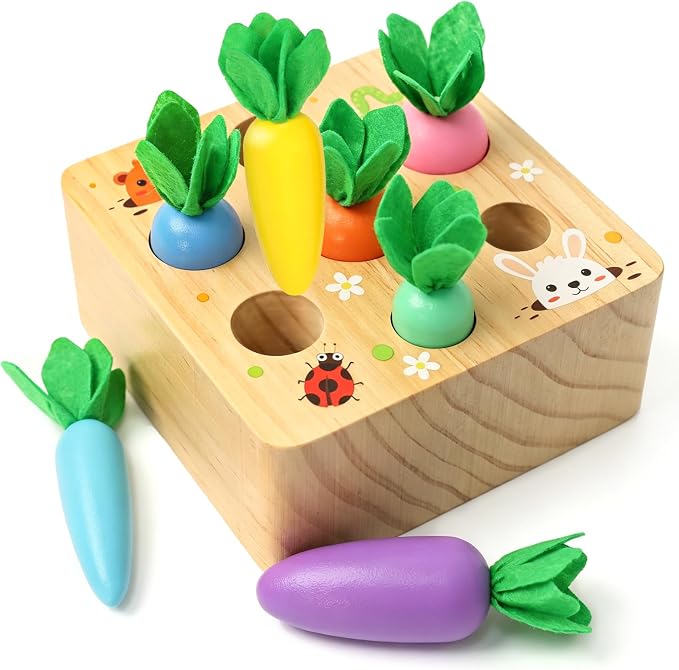 Wdmiya Montessoritoys for 1 Year Old, Wooden Toys Developmental Shape Sorting & Matching Puzzle Macaron Carrots Harvest Game, Birthday Gifts for Toddlers Babies Boys and Girls 6-12 Months Christmas