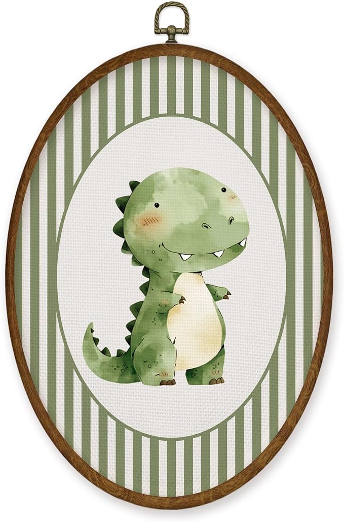 WULQYING Vintage Dinosaur Nursery Wall Art Decor, Boys Room Oval Framed Canvas Art Prints, Green Striped Dino Dinosaur Wall Hanging Decor for Kids Toddler Boys Room Bedroom Playroom, 8.6x11.4 Inches