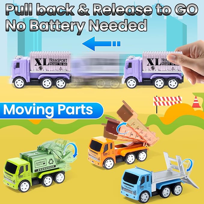 Oriate 6 PCS Diecast Metal Toy Trucks Vehicle Set, Cars Toys with Movable Parts, Mini Pull Back Toy Cars for Kids, Include Garbage Truck, Dump Truck, for Boys & Girls Age 3 4 5 6 +