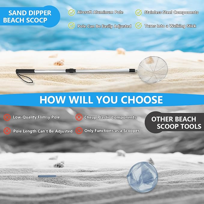 fethwoin Shark Tooth Sifter, Beach Sand Sifter, Sea Shell Scooper for Beach, Shell Bags&Foldable Bucket, Sand Beach Toys for Kids 6 8 10 12, Medium, Blue