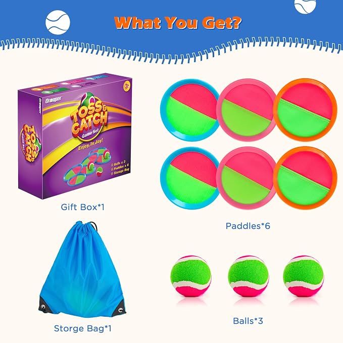 Toss and Catch Ball Game Outdoor Toys for Beach Pool Yard Camping, Outside Games for Kids Ages 3-12 & Family, Boys Birthday Gift, 6 Paddles 3 Sticky Balls & Carry Bag