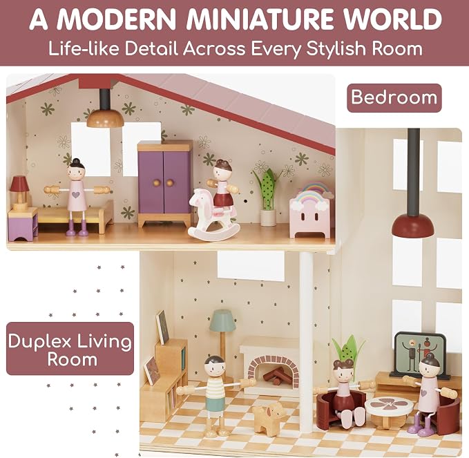Lehoo Castle Wooden Dollhouse for Girls, Realistic Doll House with 5 Rooms & 38 Accessories, DIY Pretend Play Dream Dollhouse with Doll and Furniture, Ideal Creative Gift for Ages 3+