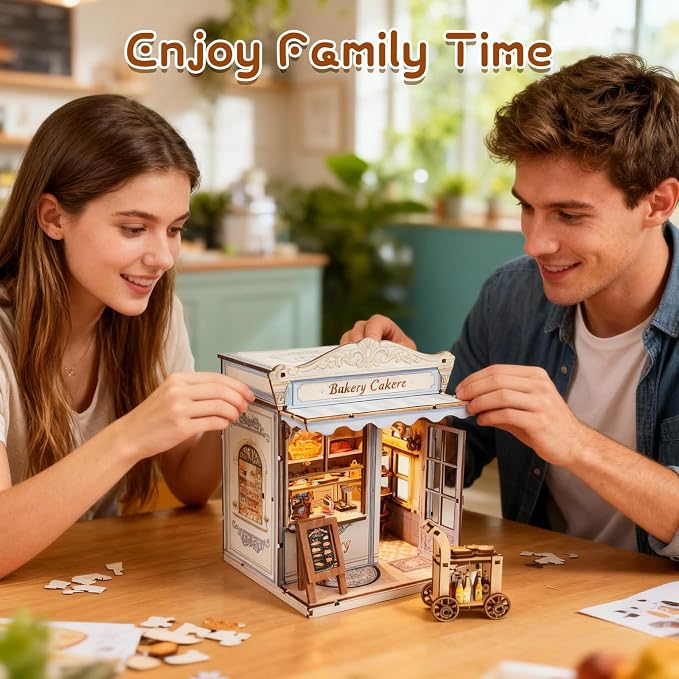 DIY Miniature House Kit, Bakery Book Nook Kit, 3D Wooden Puzzles Bookshelf Craft Kits, Dollhouse Kit with LED Light, Mini Building Kit for Adults Teen to Build(Bakery Shop)