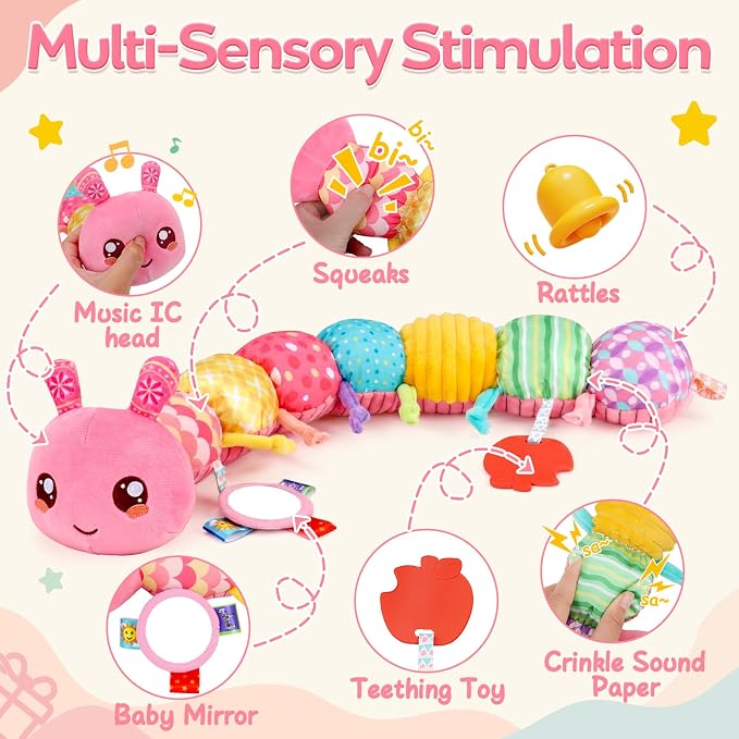 Baby Girl Toys 0-6 Months Musical Stuffed Caterpillar Pink Toys for Infant 0-3 3-6 Month Tummy Time Sensory Newborn Toys with Mirror Crinkle Rattle for 2 3 4 5 6-12 Month Old Babies Girl Shower Gifts