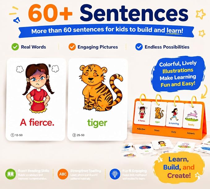 Alened Sentence Building Flash Cards for Kids Ages 5-8, Learn to Read Phonics Toy, Word Games, Speech Therapy Materials, Education Kindergarten Classroom Must Haves for 1st 2nd Grade
