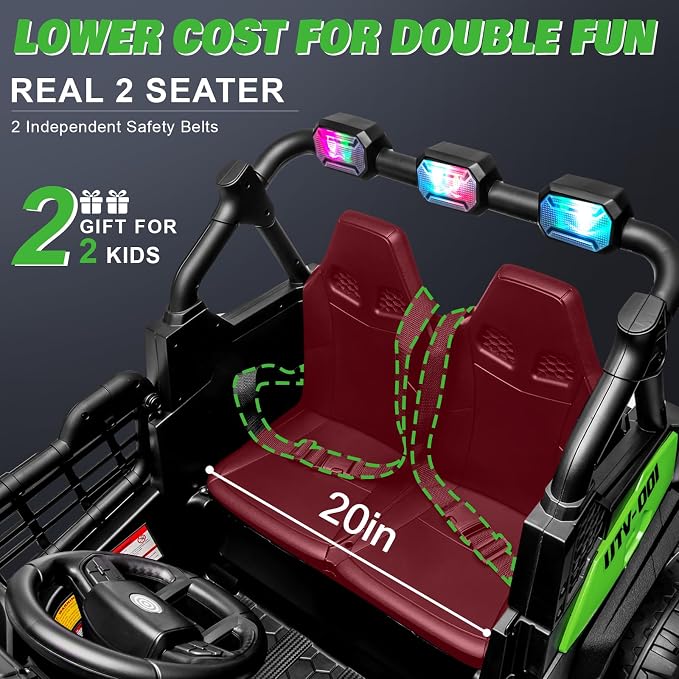 24V 2 Seater Ride on Car for Kids, MOEYURO 800W Powered UTV Toy, 5MPH Large Side by Side Electric Car w/Remote, Bluetooth, LED Light, 3 Speeds, Music, Spring Suspension, Storage for 3-8 Gift, Green