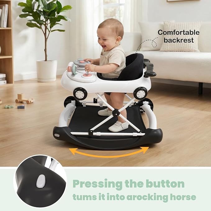 5-in-1 Convertible Baby Walker with Steering Wheel Music Activity Center – Infant Rocker, Jumper, Push Walker, Bouncer & Feeding Foldable Walker for Ages 6-18 Months Boys Girls (Black)