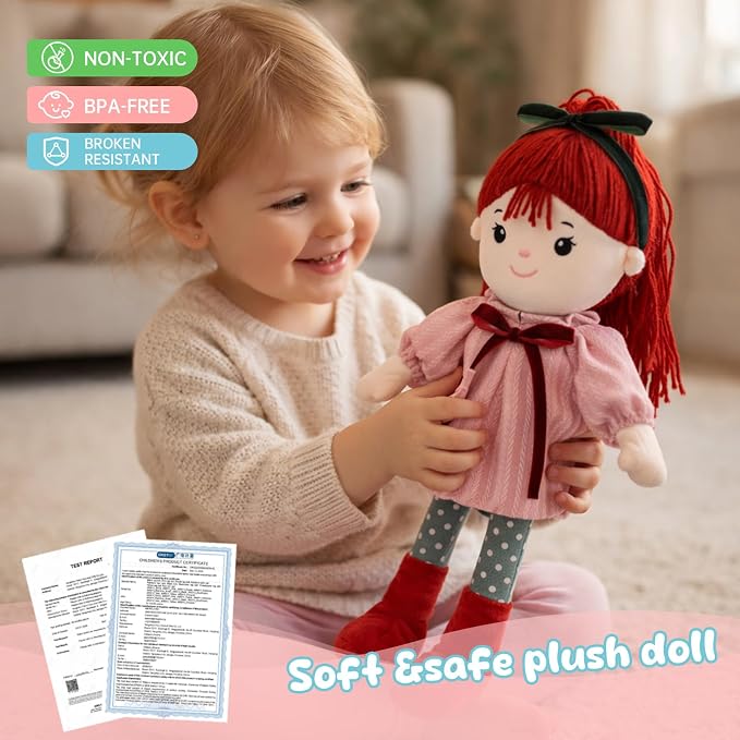 Soft Baby Doll Toys (16'') Baby Rag Doll for Girls Birthday Gifts Cuddly Plush Toys for Toddler Kids (Red)