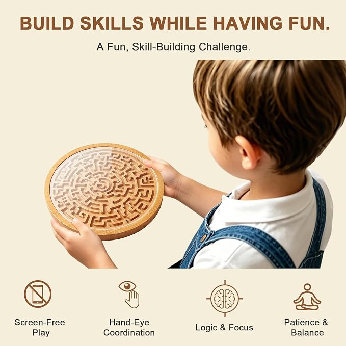 Round Wooden Labyrinth Board Game, Bamboo Handheld Maze with Acrylic Cover & 2 Metal Game Pieces, Educational Brain Teaser Puzzle Logic Game for Kids, Adults, Boys and Girls, Stress Relief Toy