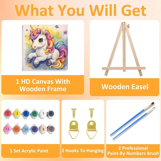 Paint by Numbers Kit for Kids with Frame, Unicorn Paint by Numbers for Kids Ages 4-8-12, DIY Unicorn Acrylic Oil Painting for Home Wall Art Decor Gift 7.8x7.8 inch (with Frame Easel)