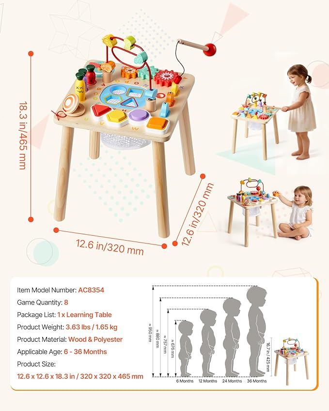 VEVOR Montessori Activity Table for Toddler 1-3 Years Old, 8 in 1 Wooden Learn Activity Desk, Baby Play Table for Boys & Girls Aged 6+ Months, Great Birthday, Christmas, Children's Day Present