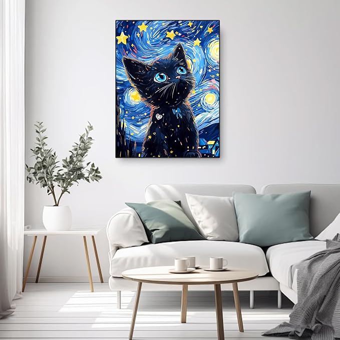 RYMILIE Black Cat Diamond Art Kits for Adults, Diamond Painting Dots Art Kits for Adults Beginners, 5D DIY Full Drill Round Rhinestone Gem Art Crafts Paintings for Home Wall Decor 12"x16"