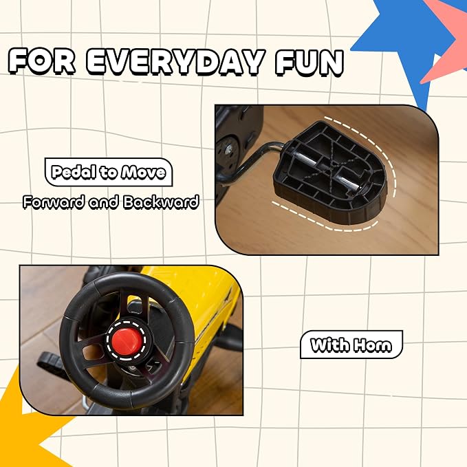 Aosom Kids Ride on Farm Tractor, Manual Pedal Ride on Car with Back Storage Trailer, Shovel & Rake, Horn for Age 3 Years Old, Yellow