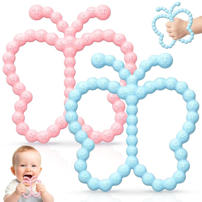 2 Pack Butterfly Teething Toys for Babies 3-6 6-12 Months, BPA Free Silicone Baby Teether Toys for Teething Relief, Easy-Grip Double Ring Infant Newborn Chew Toys for Sucking Needs