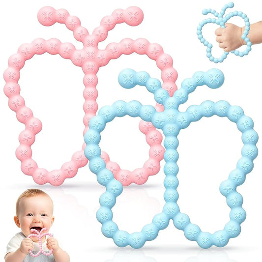2 Pack Butterfly Teething Toys for Babies 3-6 6-12 Months, BPA Free Silicone Baby Teether Toys for Teething Relief, Easy-Grip Double Ring Infant Newborn Chew Toys for Sucking Needs