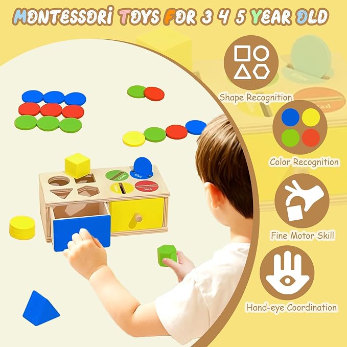 Biottro Wooden Montessori Toys for 3 4 5 Year Old, 2-in-1 Shape Sorter & Coin Drop Box Toy with Drawers Math Counting Color Sorting Game Preschool Educational Sensory Toy Gift for Kids Boys Girls