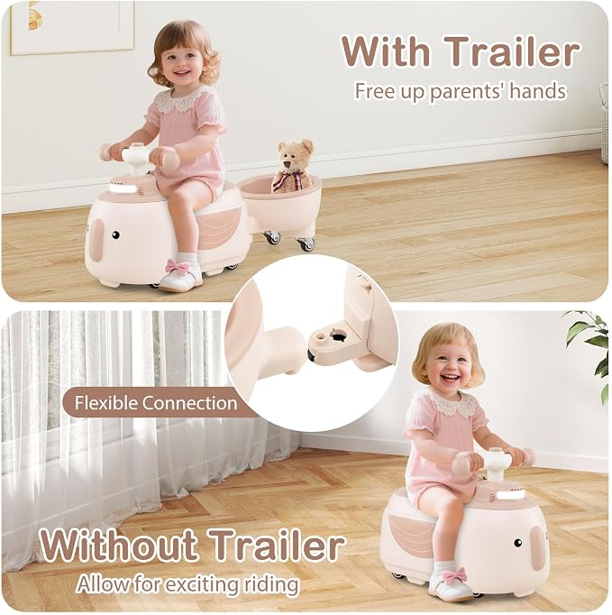 HONEY JOY Ride On Push Car with Trailer, Indoor Outdoor Toddler Riding Toys w/Under-seat Storage, LED Light, Music, Foot-to-Floor Sliding Car, No Battery Baby Ride On Toys for Boys and Girls (Coffee)