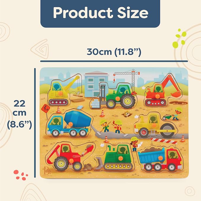 B. toys – Peek & Explore – Construction Trucks – Wooden Peg Puzzle – Peg Puzzle for Toddlers, Kids – 8 Construction Vehicle Pieces – Dump Truck, Cement Mixer, Excavator & More – 2+ Years