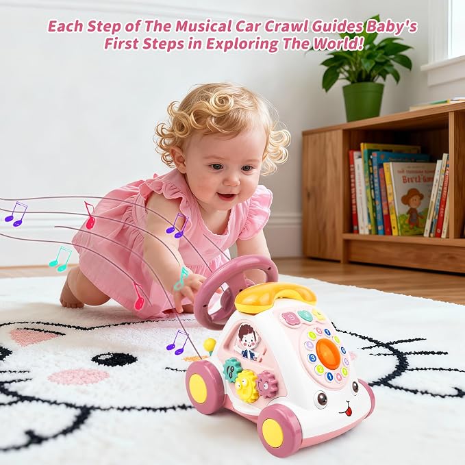 Love Mini Toddler Crawling Car Toy - Interactive Push Along Vehicle with Music & Lights, Early Learning Developmental Gift for Babies 6-12 Months