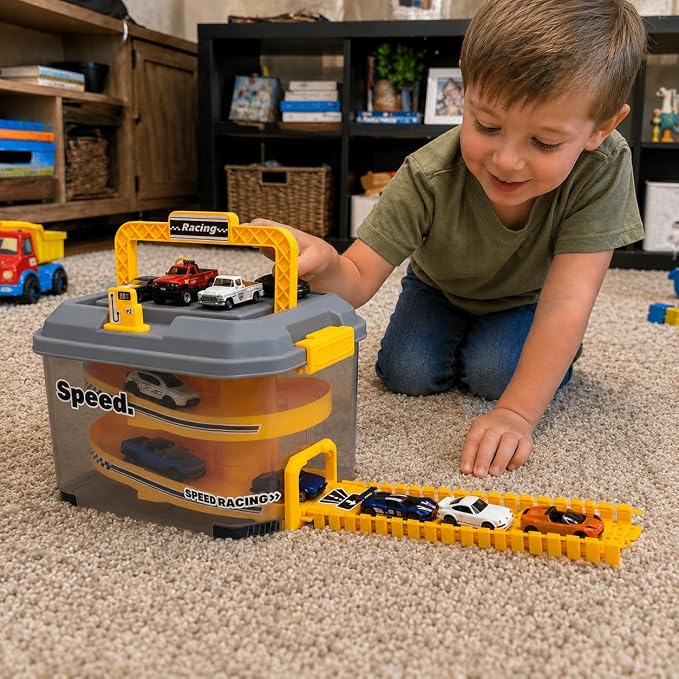 Toy Car Track Storage Playset - Toddler Toys for Ages 3-4, Car Track Set Including 12 Diecast Cars, PlayMat, Race Tracks, Car Ramp, Kids Birthday Gift for 3 4 5 6 Year Old Boys