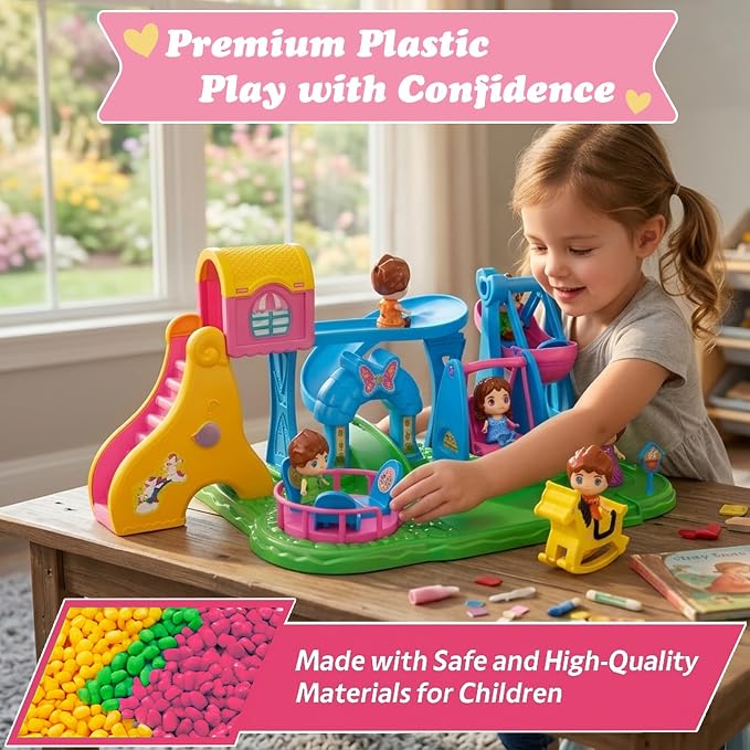 Building Toys Kids Playground Set, Pink Amusement Park Toy Playset with 4 Doll Figures, Swing Slide Rocking Horse & Spinning Ride, Pretend Play Dollhouse for Girls 3 4 5 6 7, Gift for Kids