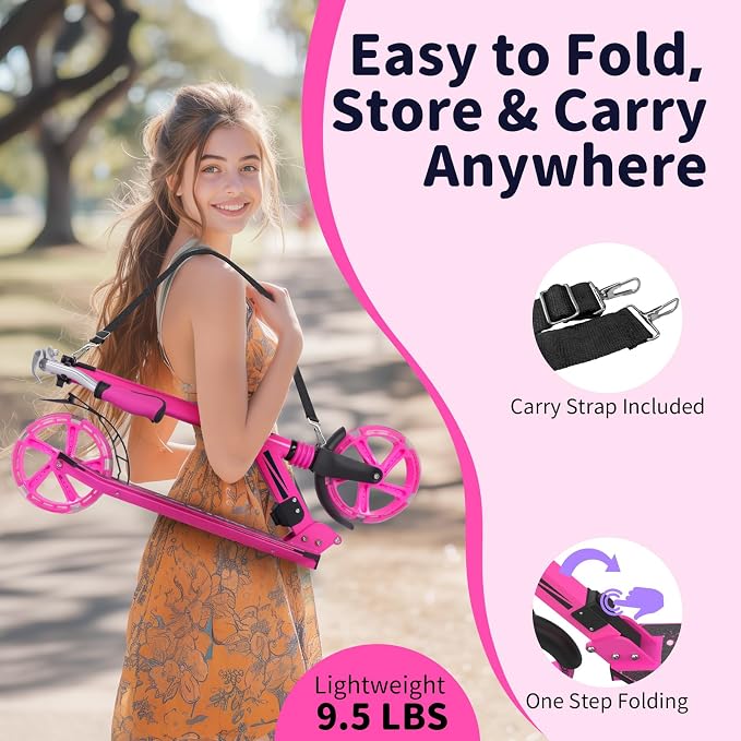 BELEEV V8 Scooters for Kids Ages 6+ with Light-Up Deck, 2 Wheel Folding Scooter for Kids, 4 Adjustable Height, Lightweight Sport Commuter Scooter, Sturdy Frame