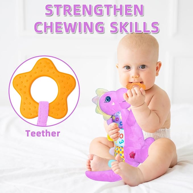 Baby Dino Musical Stuffed Animal Toys for 0-3-6-9-12 Months，Infant Dinosaur Tummy Time Toys with Crinkle Sound Paper,Teether，Textures & Rattles for Newborn Boys Girls Birthday Gifts，Purple