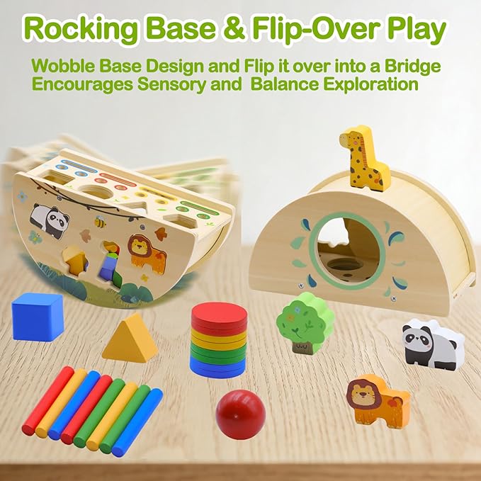 Montessori Busy Box for Toddlers 1-3, Wooden Object Permanence Coin Box with Shape Sorter & Animal Matching, Fine Motor Sensory Learning Toy with Wobble Base, Gift for 1 2 3 Year Old