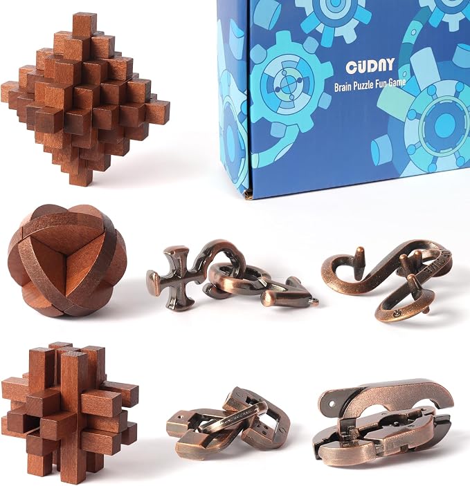 CUDNY 7 Pieces Unlock Interlock Brain Teaser Games Retro Wooden and Metal Puzzles IQ Logic Fun Puzzle Box