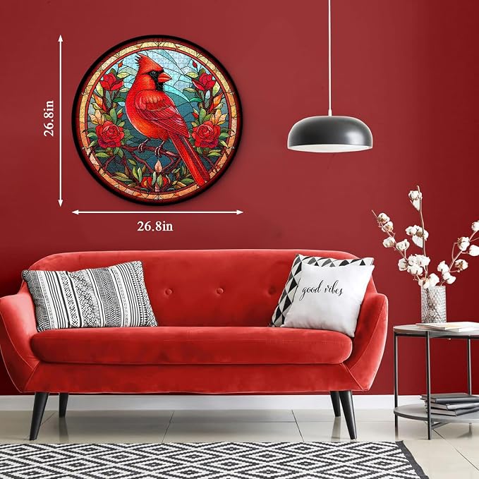 Stained Glass Puzzle Bird Puzzles for Adults 1000 Pieces, Round Cardinal Bird Flower Puzzle, Impossible Hard Challenging Puzzles for Adults, Colorful Stained Glass Jigsaw Puzzle as Wall Art Decor