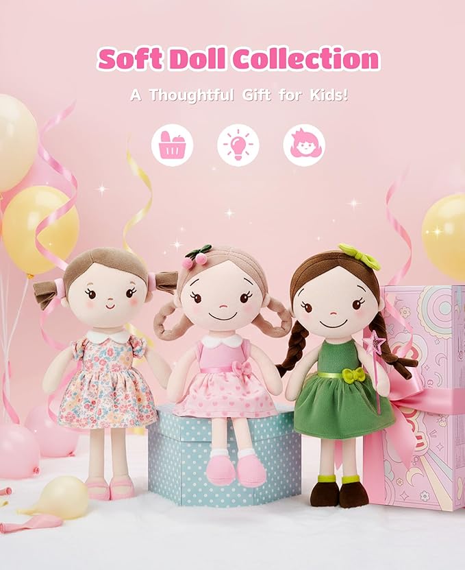 GAGAKU Cherry Girl Soft Plush Baby Doll for Girls (12") | My First Baby Doll Gift, Machine Washable, Rag Doll Toy, For Toddlers & Infants