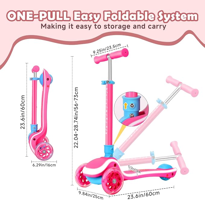 Kids Scooter with Seat, 2 in 1 Kick Toddler Scooter with LED Light-Up Wheels and Light up Deck, 4 Adjustable Heights, Lean to Steer, 3 Wheels Scooter Suitable for Boys & Girls Ages 2-8 Years