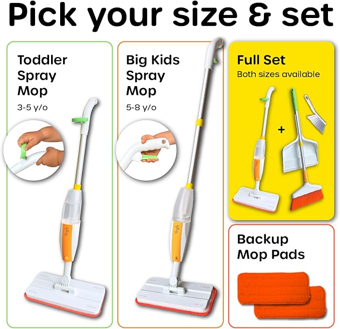 Quiggly Toddler Toy Cleaning Set - Spray Mop, Broom, Dustpan, for Kids 3-5 | Plus brush, two-hand hold & pull, Montessori cleaning 4-piece tool kit
