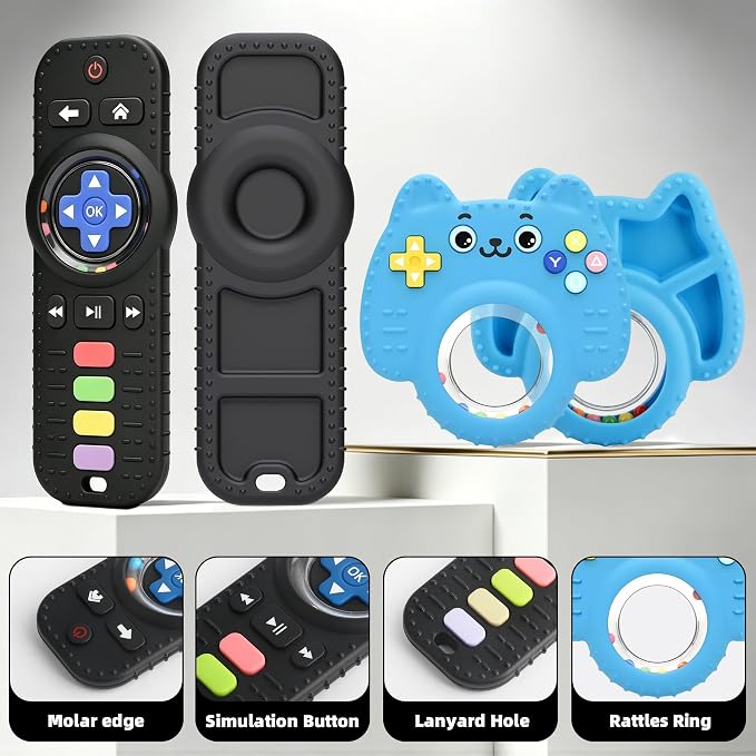 Chuya 2 Pack Baby Toys for Infants 0-24 Months, Remote Control Teether | Silicone Baby Rattles with Sensory Relief, Gift for Boys Girls