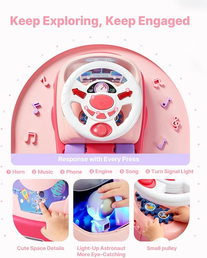 VEVOR Ride On Toddler Push Car, Push Car for Toddler 19 to 36 Months, Kids Ride On Toy with Horn & Music, 48.5 lbs Load Capacity, Under-seat Storage, Foot-to-Floor Walker for Toddlers Boys Girls, Pink