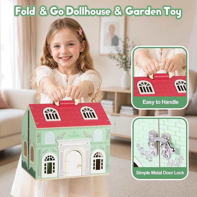 SIMPLIPLAY Montessori Wooden Flower Garden Toys, Wooden Dollhouse Kit with Vegetable Matching Toy, Educational Farm Pretend Play & Play Food Sorting for Toddler Kids Boys Girls Birthday