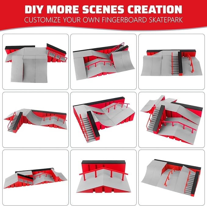 Fingerboard Skate Park Ramp Kit, Finger Skateboards Toys with Skates Sports Shorts Tool Kit, Mini Fingerskateboards Training Props Interactive Freestyle Skate Game for Kids Adults