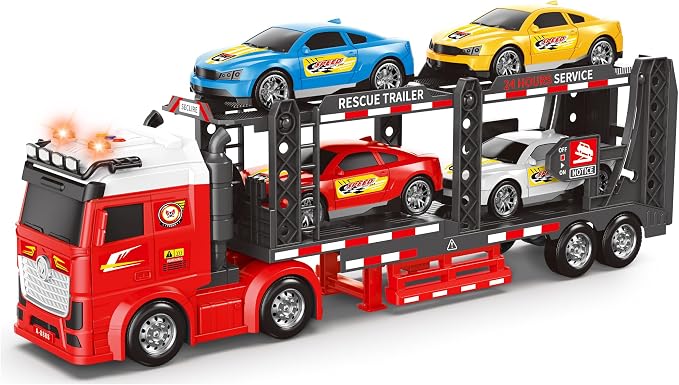 BainGesk Truck Toys Car for 3, 4, 5, 6, 8 Years Old Boys Girls, Adjustable Double Decker Car Carrier Truck with Light & Sound, Car Hauler with Trailer Toy, Large Semi Transport Toy Gifts for Toddler