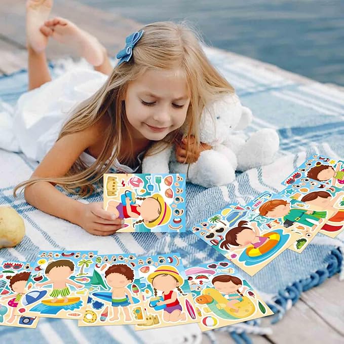 24PCS Summer Stickers for Kids, Make-a-face Stickers, Make Your Own Sticker for Girls Boys, Preschool Holiday Party
