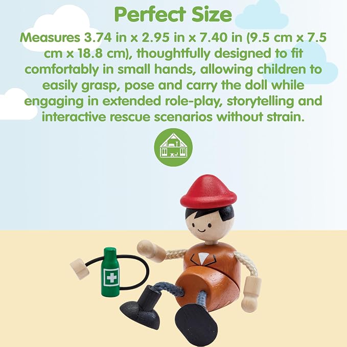 PlanToys® Wooden Rescue Doll | Poseable 1:12 Scale Character Figure for Dollhouse Play, Emergency Scenarios & Social Interaction | Eco Friendly Montessori Pretend Play Figure