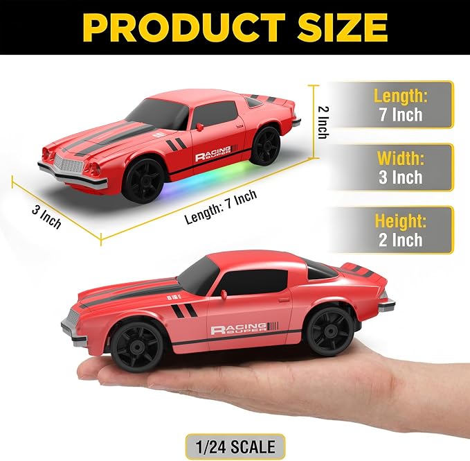 Remote Control Car RC Drift Car 2.4GHz 1:24 4WD 15KM/H High Speed Racing Sport Car with LED Lights Drifting Tire Racing Sport Toy for Adults Boys Girls Kids Gift 2Pcs Rechargeable Batteries