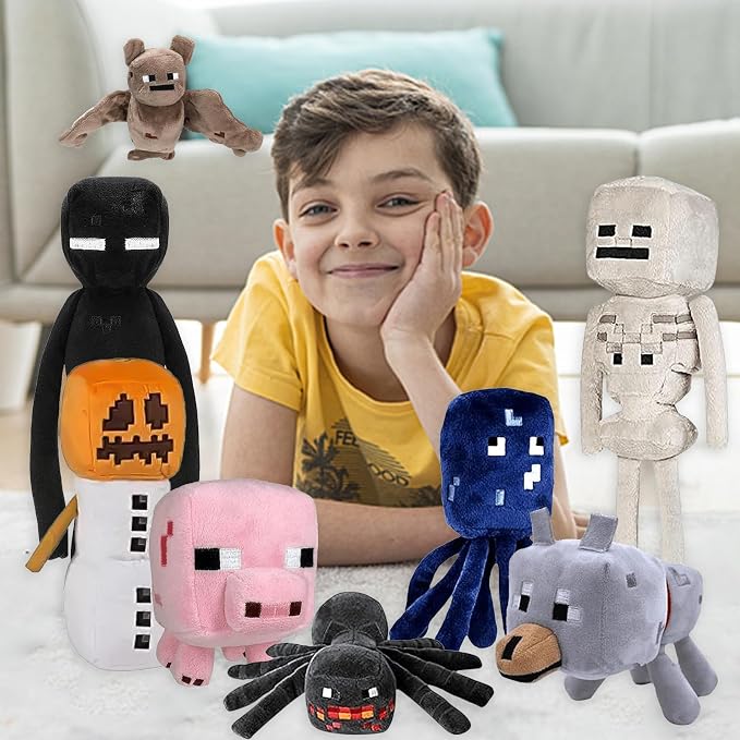 XSLWAN 8Pack Snow Golem Plush, Enderman Plush, Baby Wolf, Baby Pig, Spider, bat, Skeleton Shooter, Squid Stuffed Animals Toys，Great Gift for Children and Fans.