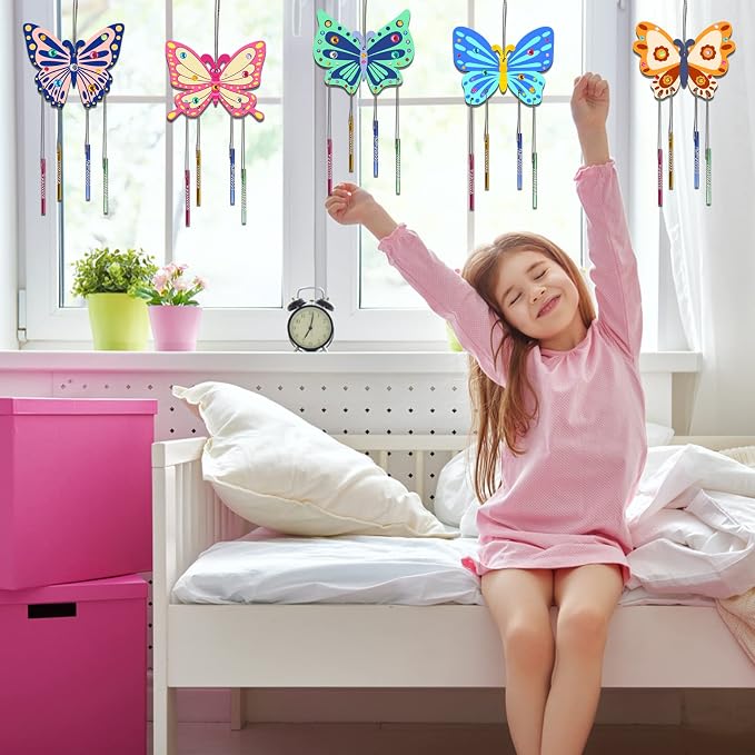 Fennoral 8 Pack Butterfly Wind Chime Kits for Kids Make Your Own Butterfly Wind Chimes Wooden Arts and Crafts Ornaments DIY to Paint Butterfly Craft for Summer Art Activity Birthday Gift Decoration
