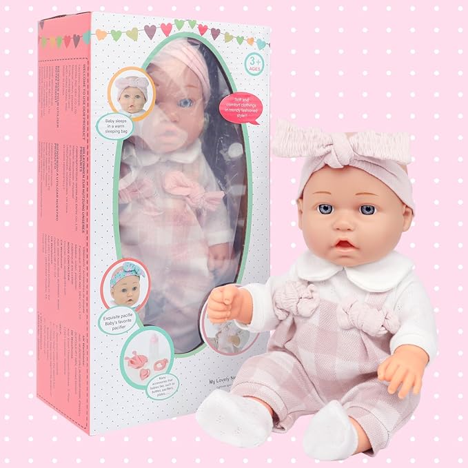 Ecore Fun 12" Baby Doll and Clothes Accessories Playset - 6 Pcs 12 Inch Doll with Pink Romper Outfit, Headband, Socks, Pacifier, Bottle | Gift Ready in Box