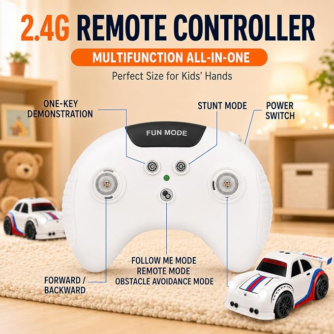 BYTEWAR 3-in-1 Smart RC Car, Smart-Follow RC Drift Car with One-Key Auto Showcase Simulated Sounds and Headlights,USB-C Rechargeable, Kids Toys for Age 3+
