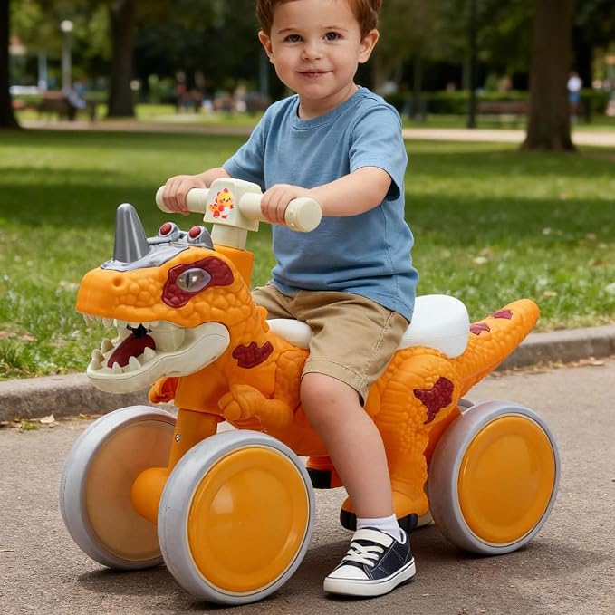 Dinosaur Balance Bike for 1-3 Year Olds, 4-Wheel No-Pedal Bike for Walker, Ride on Toys for Toddlers with Music and Mist Spray, First Birthday Gift for Boys & Girls (Orange)