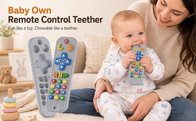 Baby Teething Toys Silicone Baby Remote Teether Over 3 Months - Baby Essentials Sensory Chew Toys - Baby Teether for Teething Relief - BPA Free Infant Toys Baby Shower Gifts (1, Grey)