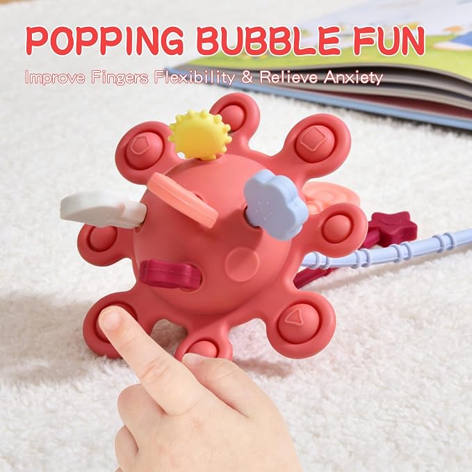 Food Grade Silicone Pull String Baby Toy, Montessori Pull String Sensory Toy (Red)