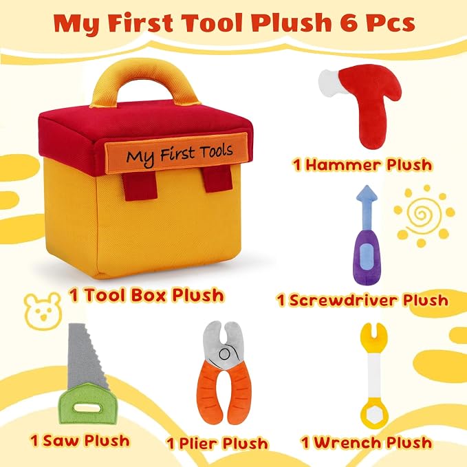 My First Tool Set Plush, Baby Toolbox Plushy with 5 Pcs Tool Plushies for Toddlers, First Birthday Gifts for Boys Girls